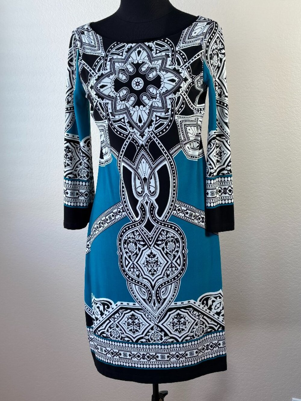 Enfocus Studio Teal Baroque Print Sheath Dress Size 6 3/4 Sleeve
